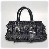 Prada black patent leather ruched handbag w/