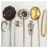 7 vintage stick pins s/w stones, pearls, etc incl