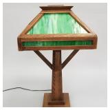 Mission oak slag glass table lamp- 25"H 15"W