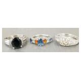 3 sterling silver rings s/w assorted stones-