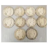 10 U.S. silver Barber half dollars- asst. dates