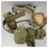 2 military items: belt w/ canteen & wood plaque