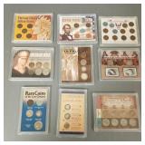 9 U.S. coin sets in cases- some silver