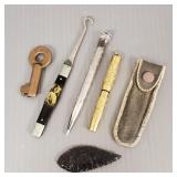 5 items: mini gold filled fountain pen, photo