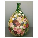 Folk Art hand painted vintage green glass bottle