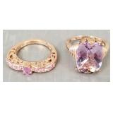 2 sterling silver rings s/w amethyst & pink stones