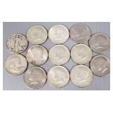 13 Kennedy, etc half dollars: 4- 90% silver,