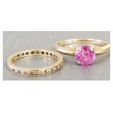 Two 14k gold rings: diamond band & pink stone