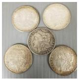 5 U.S. silver Morgan dollars: two 1889, 1900,