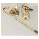 2 mounted small animals & Swiss cane
