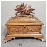 Antique black forest carved wood jewelry casket w/