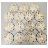 15 U.S. silver Walking Liberty half dollars