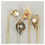4 stickpins incl one 10k gold w/ wishbone motif: