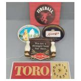 5 advertising  items, incl beer light, Toro clock-
