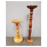 2 wooden turned plant stands- one oak- 33"H taller