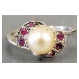 14k gold ring s/w pearl & rubies- 3.3g, size 8