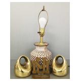 3 mid-century items: pottery lamp, U of M bronze