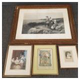 4 framed mezzotints, etc incl large engraving-