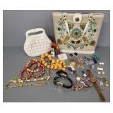 Group vintage jewelry, 2 vintage bags, watches,