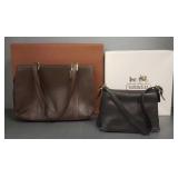 2 Coach leather purses: brown tote & black bag w/