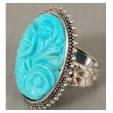 Sterling silver ring w/ carved turquoise- sz 10.5