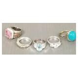 5 sterling silver rings s/w stones incl turquoise-