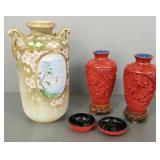 Group Asian items: 3 pcs cinnabar & 1 handpainted