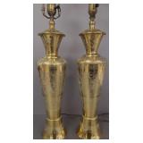 Pair ornately engraved brass lamps w/ Egyptian