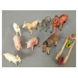 9 vintage German wood & composition farm figures