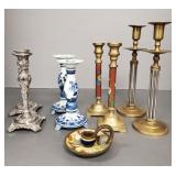 9 asst. candlesticks incl pairs, cloisonne, Delft,