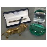 Group incl Waterford pen, 2 perfumes, brass lion,
