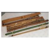 5 vintage bamboo fly rods- 2 with wooden boxes