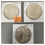 3 U.S. Morgan silver dollars: 1887P, 1888P, 1889P