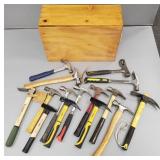 Collection of 15 asst. hammers, etc. in a wooden