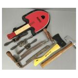 Gp of edged tools incl draw shaves, Marbles Ax,
