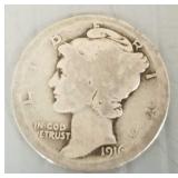1916D U.S. Mercury silver dime (worn condition)