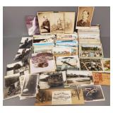 Group vintage postcards incl real photos, cabinet