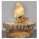 2 wood items: carved owl w/ glass eyes &