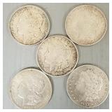 5 U.S. silver Morgan dollars- 1889, 1921, 1903,