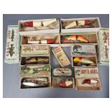 9 fishing lures in boxes incl Heddon, Pflueger,