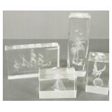 4 holographic crystal paperweights incl ships, etc