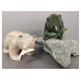2 carved stone bears: 1 signed & 1 B.C. jade-
