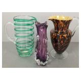 3 pcs art glass: 2 pitchers & vase- 9 1/2"H
