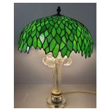Stained & leaded glass lamp w/ glass plume stem-