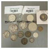 14 U.S. silver coins- 1/2 dollars, quarters, dimes