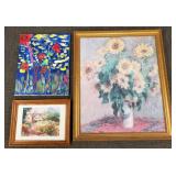 3 floral motif artworks: oil on canvas,