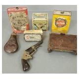 Gp powder cans, bullseye cartridge box,
