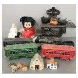Gp. cast iron, etc. toys incl doll stove, train,