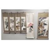 6 assorted scroll paintings incl printed w/ hand