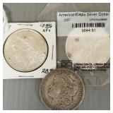 3 U.S. silver dollars incl 1885 Morgan, 1889-O